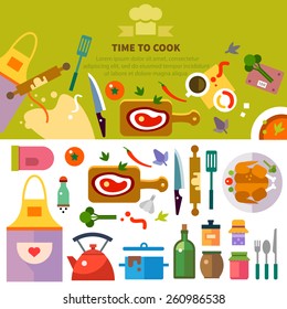 Kitchen, cooking. Workplace of chef: food, spices, utensils, tools and devices: meat, pastry, chicken, dishes, apron.Vector flat  illustrations