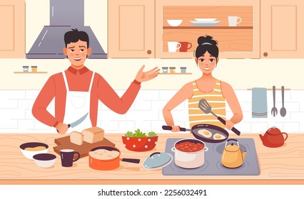 Kitchen cooking. A young couple cooks together in a home kitchen. Flat vector illustration.