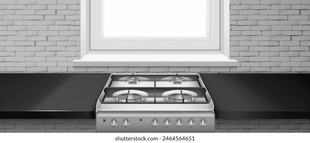 Cocina con estufa de gas de acero, ventana y pared de ladrillo blanco. Ilustración vectorial 3D realista de superficie brillante negra para cocinar con placa. Restaurante vacío o maqueta interior de cocina casera.