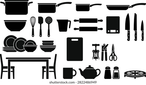 Kitchen cookware collection, cooking utensil vector silhouettes, featuring pots pans tableware preparation tools and accessories