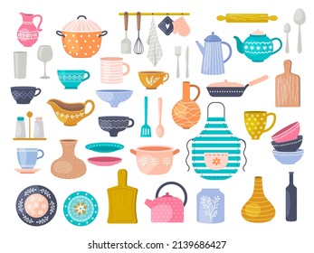 Artículos de cocina. Conjunto decorativo de la cocina horquilla utensilio tazas chispas jarrón vasijas recientes colección de ilustraciones planas vectoriales