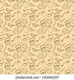 Kitchen cookware - pots and pans in hand drawn doodle style with title, utensil icons set
