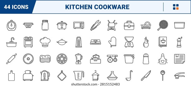 Kitchen cookware pots pans lids line icon set covering pot, pan, lid, and cooking concepts, thin linear illustration.