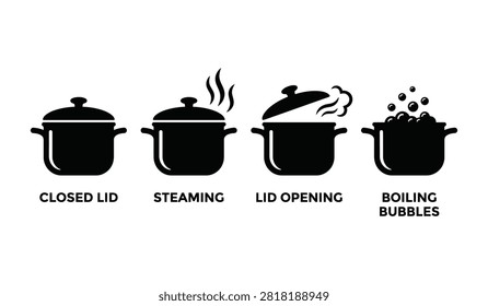 Kitchen cookware sequence set illustrating boiling process with steam bubbles and lid opening flat silhouette graphics.