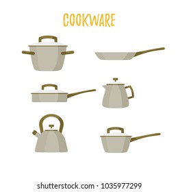 Kitchen cookware set. Cooking tools collection. Color icons set, graphic elements, objects for website, web banner, infographics. Flat cartoon design. Vector illustration.