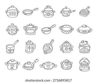 Kitchen cookware set in outline line art featuring pots grill pan saucepan storage ceramic metal utensils households for everyday home cooking