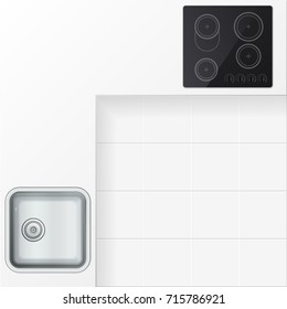 Kitchen Corner With Sink and Electrical Hob. Top View. EPS10 Vector