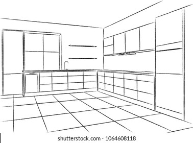 Kitchen corner sketch hand drawing interior plan. Vector line kitchen project illustration in perspective. Brush line draw design. Module kitchen system.