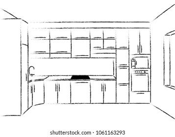Kitchen corner sketch modern plan interior front view. Perspective brush line drawing. Kitchen project interior design 3d. Vector illustration on white background. Module kitchen system.