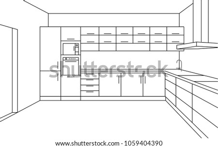 Kitchen corner sketch modern plan interior front view. Perspective line drawing. Kitchen project interior design 3d. Vector illustration module kitchen system on white background.