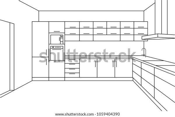 Kitchen Corner Sketch Modern Plan Interior 库存矢量图 免版税