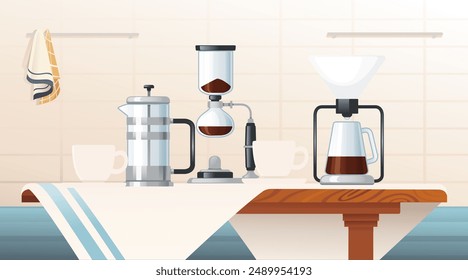 Kitchen counter with a French press, siphon coffee maker, and a pour-over coffee maker. Two white cups are in the background, a dish towel hangs on the wall, and a tablecloth covers the table