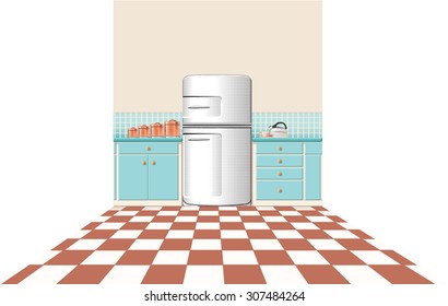 kitchen counter with spice & flower untility tins a steam kettle & cup cupboard doors checkered floor & an antique fridge