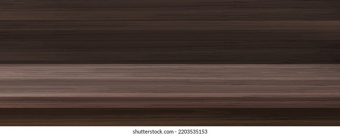 Küchentheke und Holzwand. Leeres Regal, Schreibtisch oder Tischplatte aus braunem Holzbrett auf Holzpaneelen, Vektorgrafik