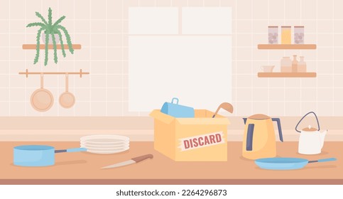 Kitchen countertop with cardboard boxes for discarding flat color vector illustration. Declutter appliances, utensils. Editable 2D simple cartoon interior with window on background. Oswald font used