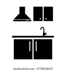 Kitchen countertop with sink cabinets hood icon white background cabinets