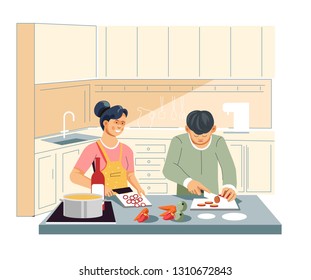 Kitchen couple cooking food at cutting vegetables and sausage vector family husband and wife prepare dish or meal carrot and pepper bottle and saucepan stove counter cutting board and knife apron.