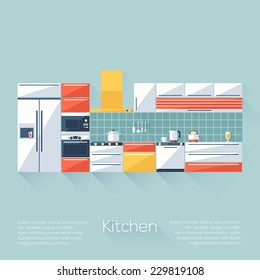 Kitchen Cover with Fridge, Stove, Dishwasher, Toaster and Microwave. Flat style with long shadows. Modern trendy design. Vector illustration.