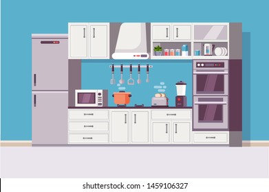Kitchen cozy modern interior with kitchen tools and item - household equipment, microwave, blender, electric stove, kettle, dishes, refrigerator. Flat, cartoon style vector illustration.