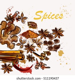 Kitchen creative background with anise stars, pepper, ginger and grunge spots
