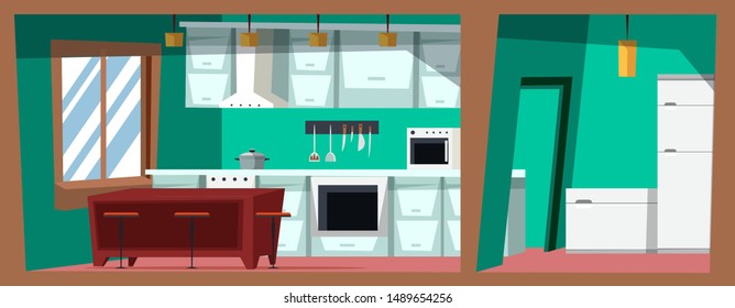 Kitchen Cross Section Flat Vector Illustration. Contemporary Apartment Room Panorama With No People. Residential House, Apartment Furnishing. Table With Chairs, Exhaust Hood, Dishwasher And Fridge