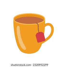 Kitchen cup with tea sticker concept. Hot drink, aroma and beverage. Comfort and coziness. Sticker for social networks and messengers. Cartoon flat vector illustration isolated on white background