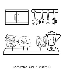 kitchen cute cartoons utensils black and white in black and white