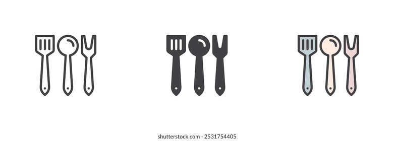 Kitchen cutlery different style icon set. Line, glyph and filled outline colorful version, outline and filled vector sign. Culinary spatula ladle and fork symbol, logo illustration. Vector graphics