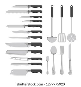 Kitchen cutlery knives and spatula, spoons and forks vector. Isolated icons set with handles and sharp blades, dishware cooking items for food preparation