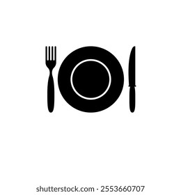 Kitchen Cutlery, Plate Fork and Knife Solid Flat Vector Icon Isolated on White Background.