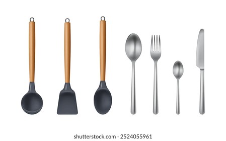 Kitchen cutlery for serving food and cooking meal. Vector isolated wooden handles with silicone or plastic, stainless steel spoon and fork, knife for desserts or main course in restaurant