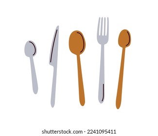 Kitchen cutlery set. Table knife, tablespoon, teaspoon, metal spoon and steel fork. Flatware top view. Dining, eating tools collection. Flat vector illustrations isolated on white background
