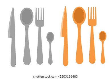 Kitchen cutlery set. Table knife, tablespoon, teaspoon, metal spoon and steel fork. Flatware top view. Dining, eating tools collection. Flat vector illustrations isolated on white background