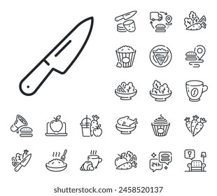 Küchenbesteck-Schild. Krepp-, süßes Popcorn- und Salat-Outline-Icons. Symbol Messerlinie. Küchenutensilien Symbol. Messerleinenzeichen. Pasta-Spaghetti, Ikone für frischen Saft. Lieferkette. Vektorgrafik