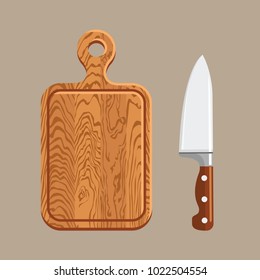 Kitchen cutting board and kitchen knife. Cooking, food preparation concept, wooden chopping board, kitchen tools. Flat design modern vector illustration