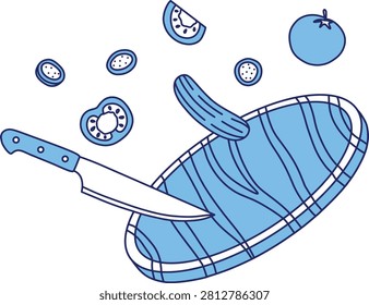 Kitchen Cutting Board with Knife and Fresh Vegetable Slices Flat Line Illustration	