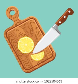 Kitchen cutting board and kitchen knife with lemon slices. Food ingredients, cooking, food preparation concept. Wooden chopping board, kitchen tools. Flat design modern vector illustration.
