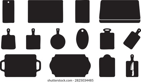 Kitchen cutting board and serving tray icon set with black silhouettes for food preparation