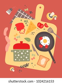 Kitchen cutting board with kitchen tools, saucepan, frying pan and vegetables around, top view. Vector illustration. 