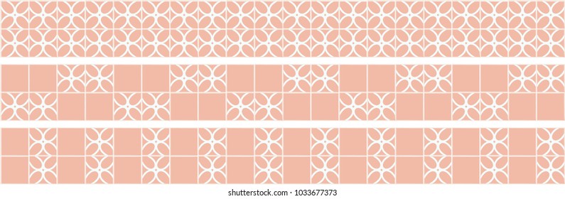 Kitchen decor of square tiles in beige color. Borders.
