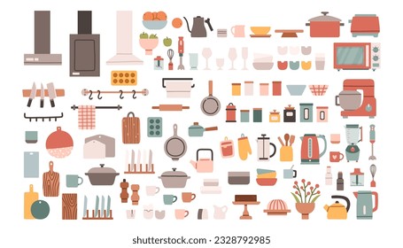 Kitchen decor tableware set. Cute kitchen decor. Cooking furniture. Dining elements set. Vector illustration