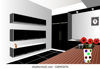 Kitchen design black,kitchen icon,interiror room, symbol furniture, vector illustration