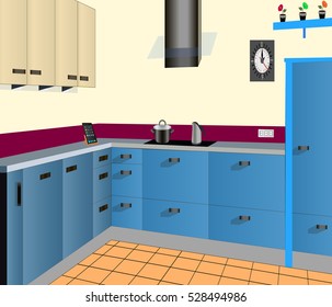 Kitchen design blue,kitchen icon,interiror room, symbol furniture, vector illustration