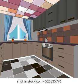 Kitchen design brown,kitchen icon,interiror room, symbol furniture, vector illustration