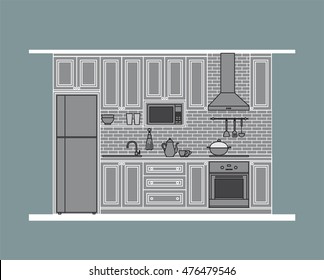 Kitchen design, classic style cabinet with modern appliances, grey color tone on blue background, flat vector illustration