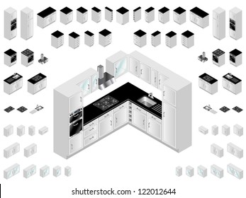 Kitchen Design Elements. Large Selection Of Isometric Kitchen Units For Room Layout And Design.