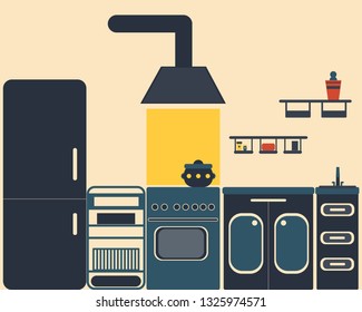 Kitchen design in flat style. The set includes a refrigerator, stove, tables, shelves and storage system.