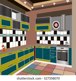 Kitchen design green,kitchen icon,interiror room, symbol furniture, vector illustration
