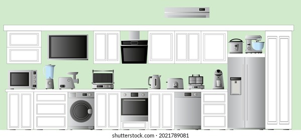 Küchendesign. Küche mit elektronischen Haushaltsgeräten für die Küche. Tiefkühler, Toaster, Mixer, Waffeleisen, Grill, Kaffeemaschine, Wasserkocher, Kühlschrank, Herd, Backofen, Mikrowelle.