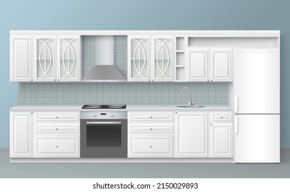 Kitchen design interior project realistic mockup. Vector room furniture with sink, fridge, stove and cooking table counter. Cabinetry and appliance for home cooking